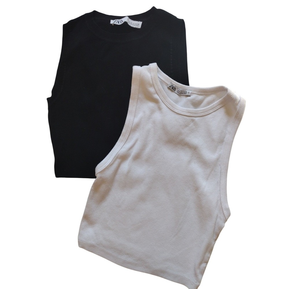 Zara Cropped 2 Tank Top Junior Small Black And White Ribbed Sleeveless School